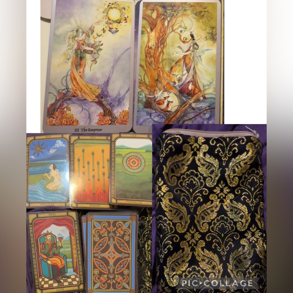 Two Tarot Card Sets with Brocade Pouch Zipper Closure Cards EUC